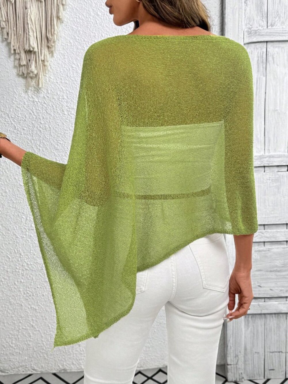 Green Casual Women's Plus Size Asymmetric Hem Design Poncho Style Knit Top - Picture 2 of 7